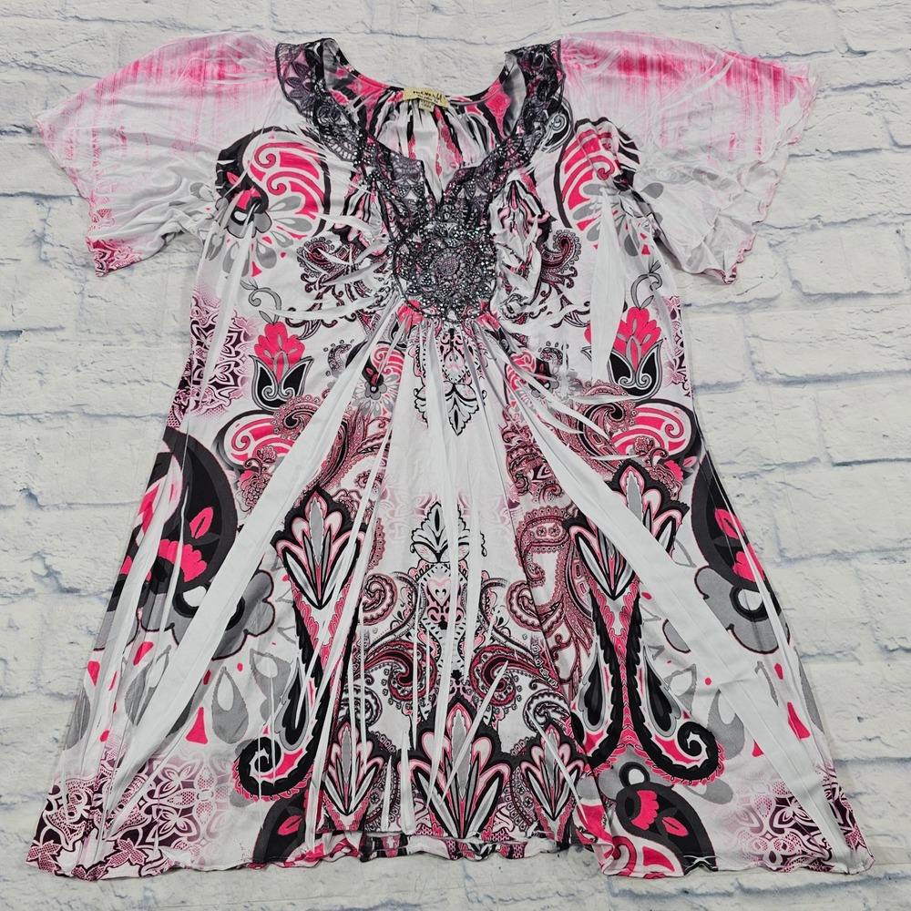 One World Tunic Top Womens Large Pink Paisley Lace V-Neck Rhinestone Boho Blouse